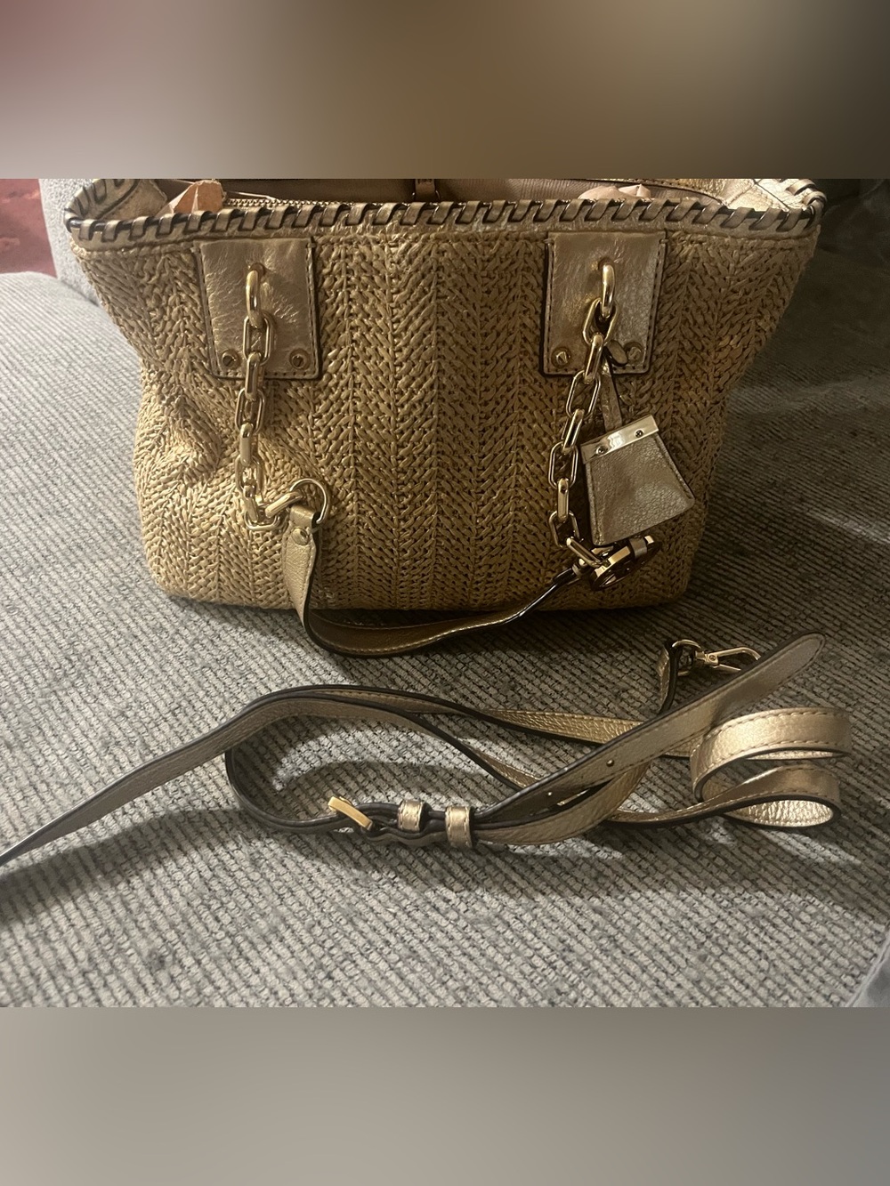 Michael Kors Gold Woven Tote with Chain-Link Straps - Picture 8 of 10